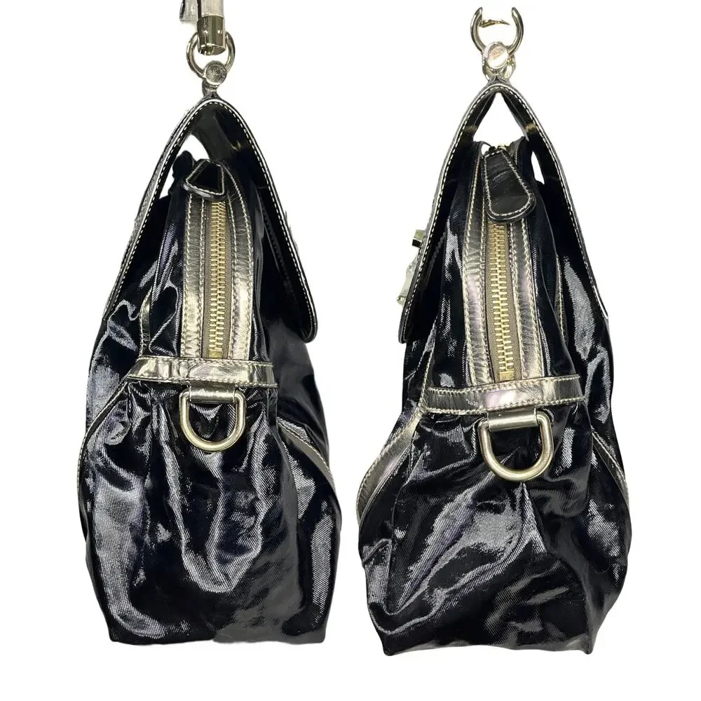 Gucci Dialux Pop Bamboo Top Handle Two Way Satchel Bag Black Silver Large